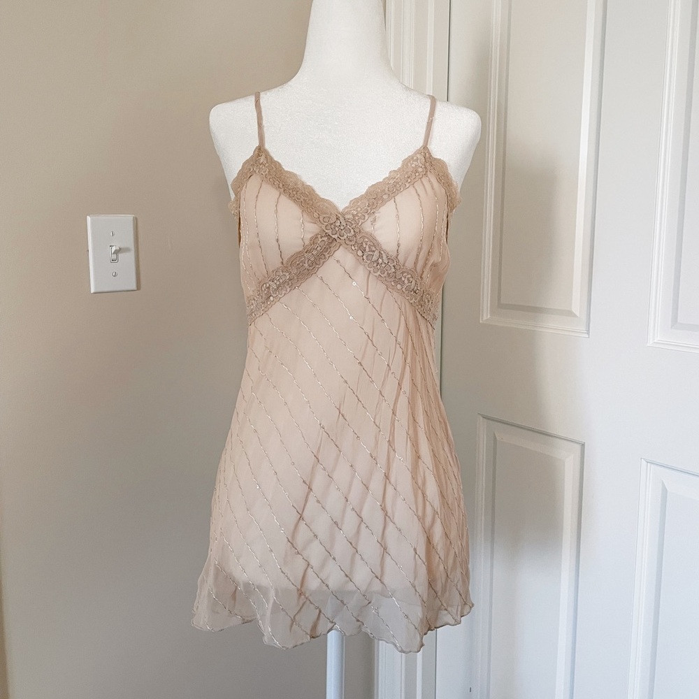 Vintage Iconic Y2K 2000s Supermodel-Style Sequin Sheer Top or Slip Beige Sz S
